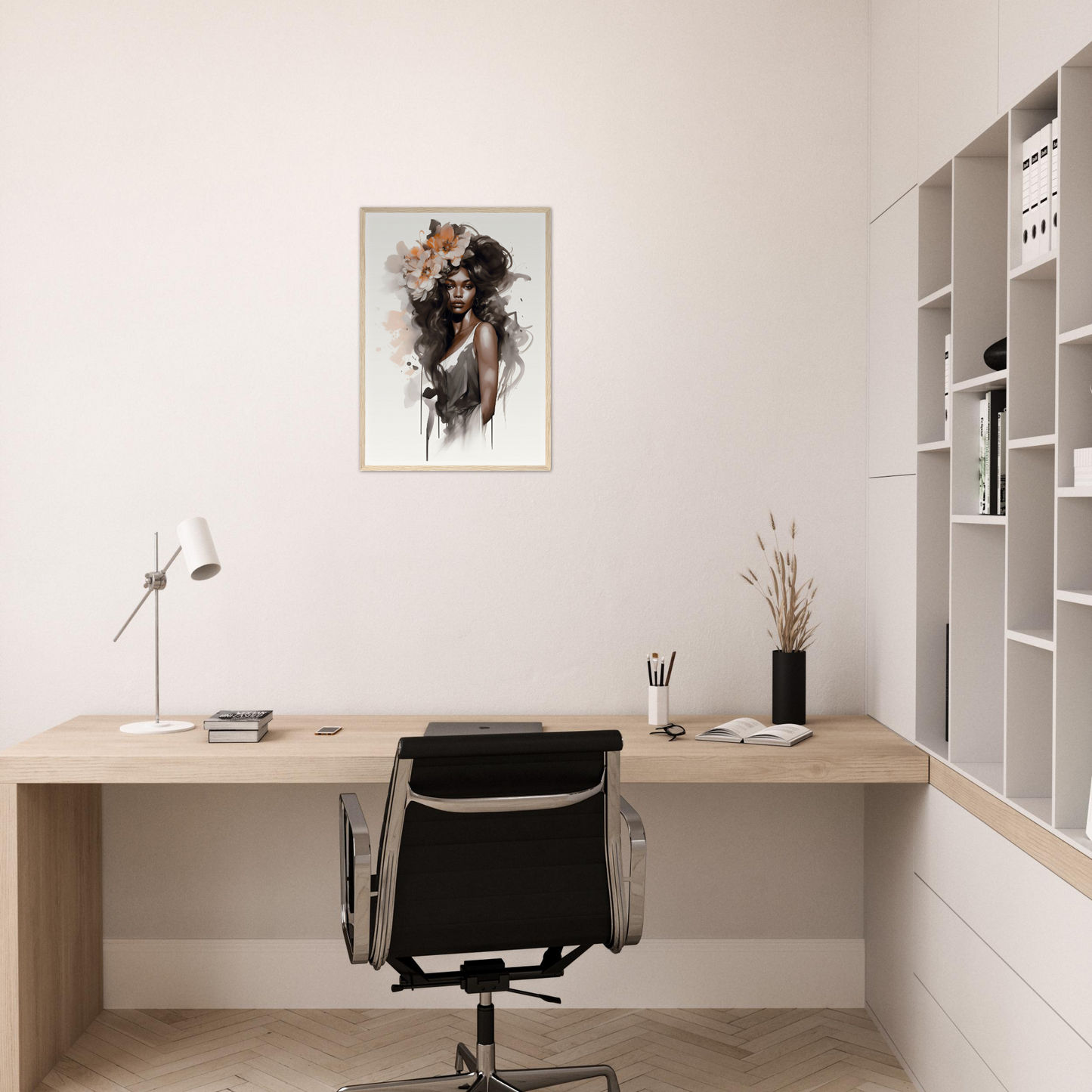 Minimalist home office workspace with a wooden desk, black office chair, and abstract wall art.