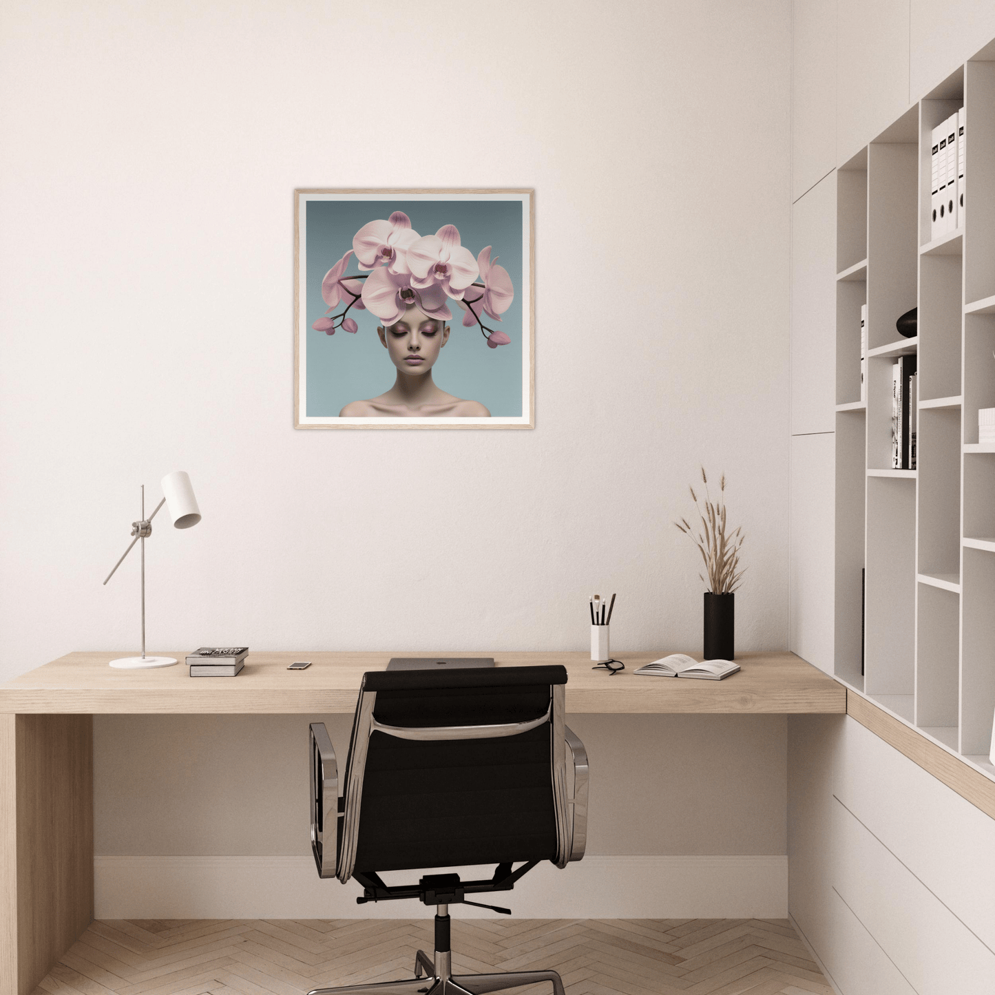 Framed artwork featuring a person wearing an elaborate floral headdress.