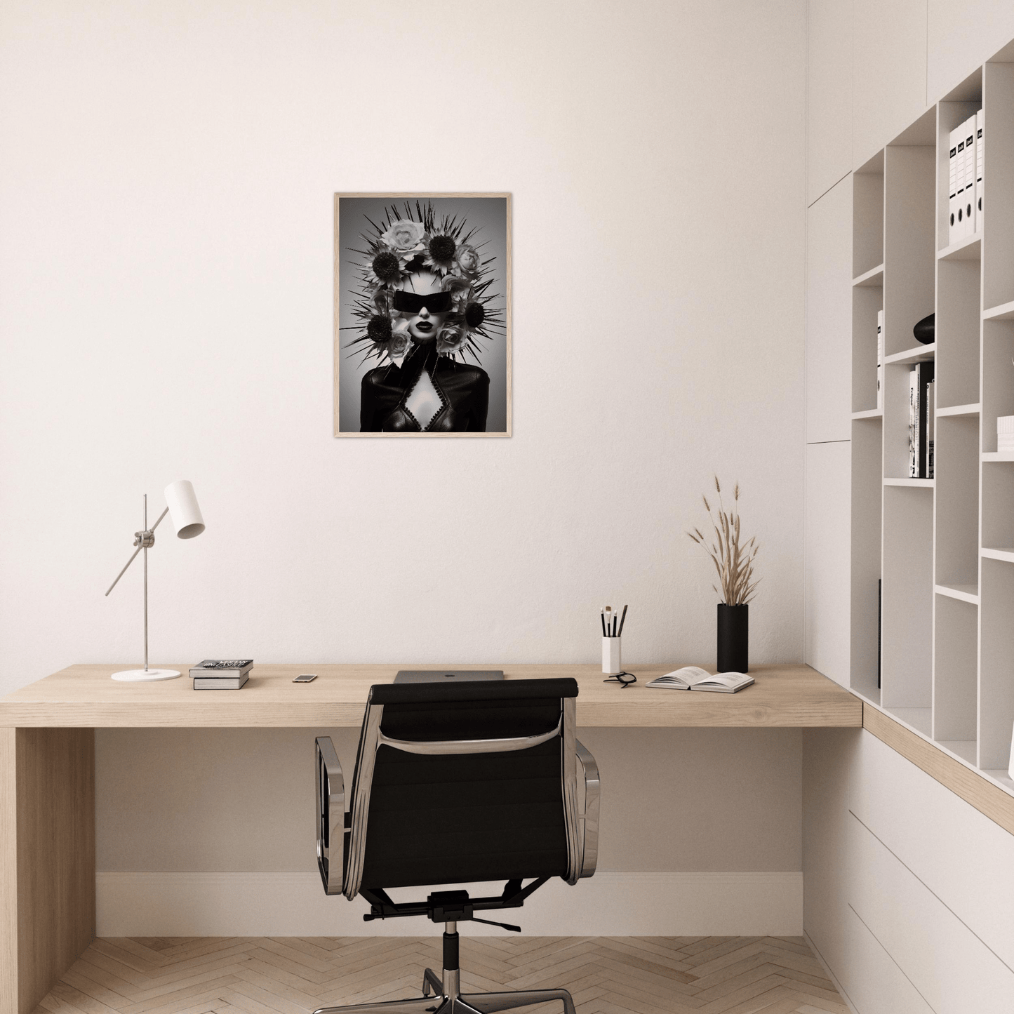 Minimalist home office workspace with a wooden desk, black office chair, and striking monochrome artwork on the wall.