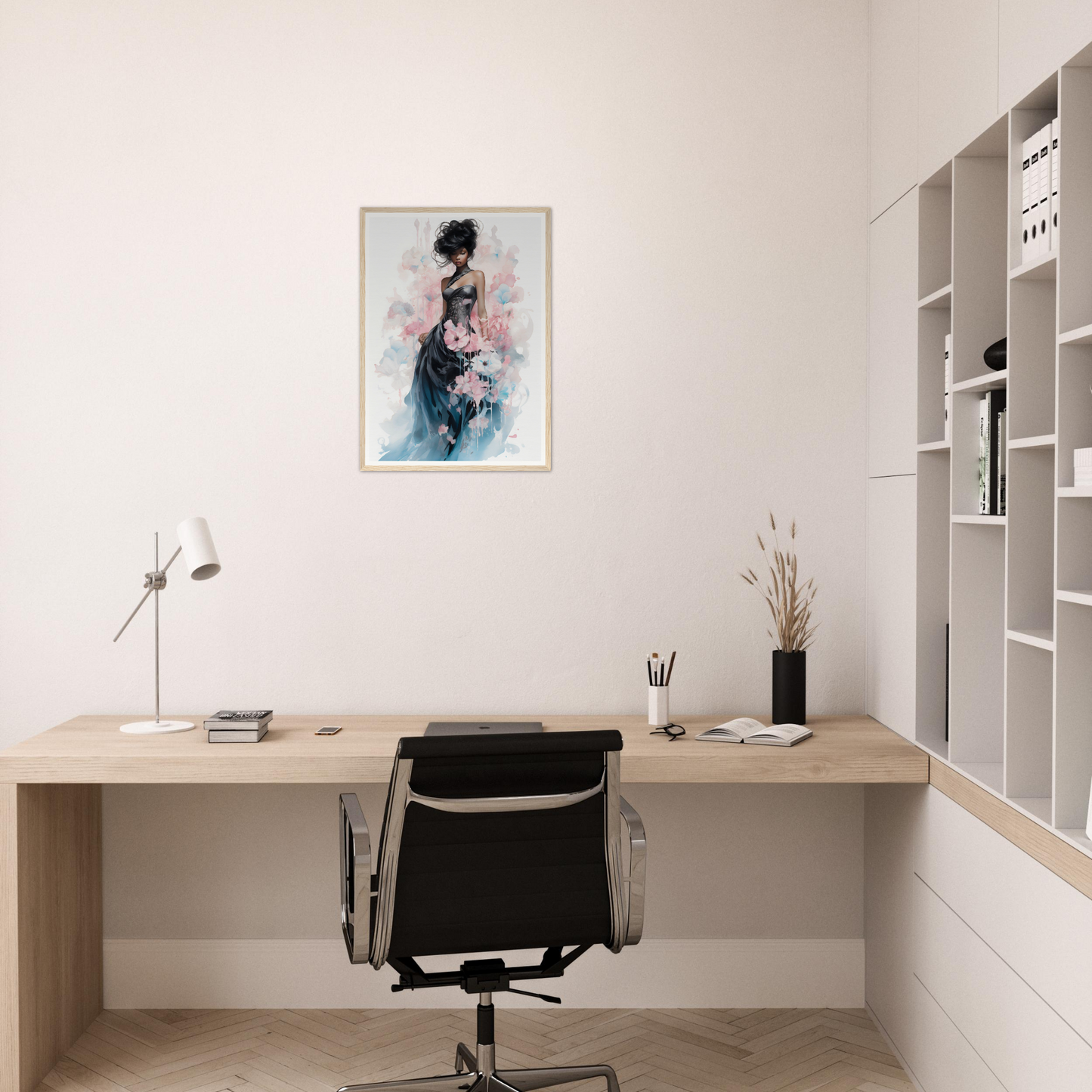 Minimalist home office workspace with a wooden desk, office chair, and wall-mounted shelving unit.