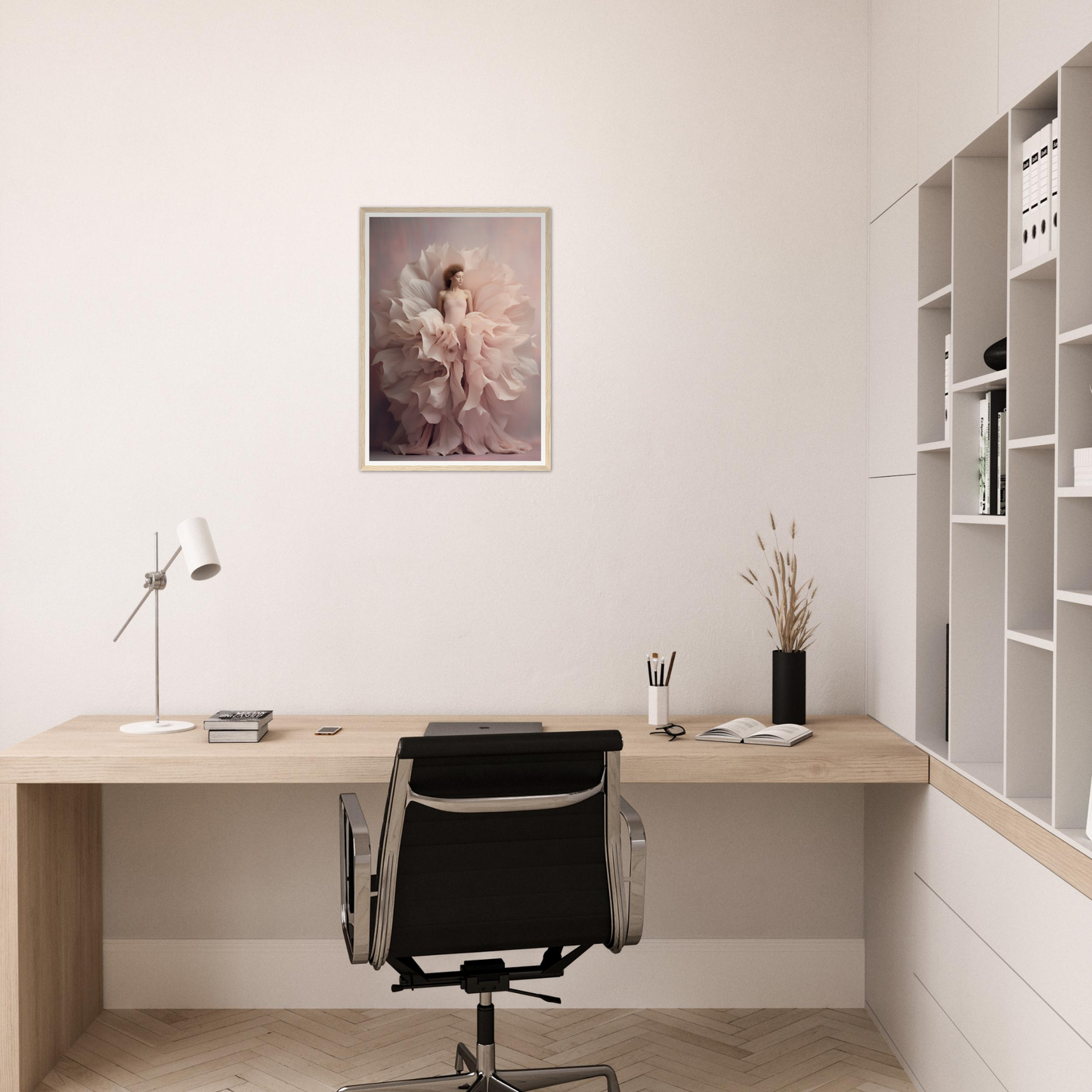 Minimalist home office workspace with a wooden desk, black office chair, and wall-mounted shelving unit.