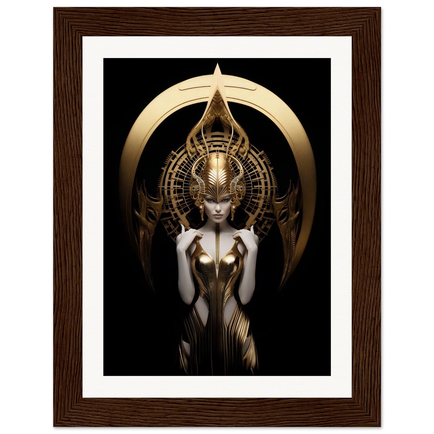A golden-adorned figure with an elaborate headdress in a regal, symmetrical pose.