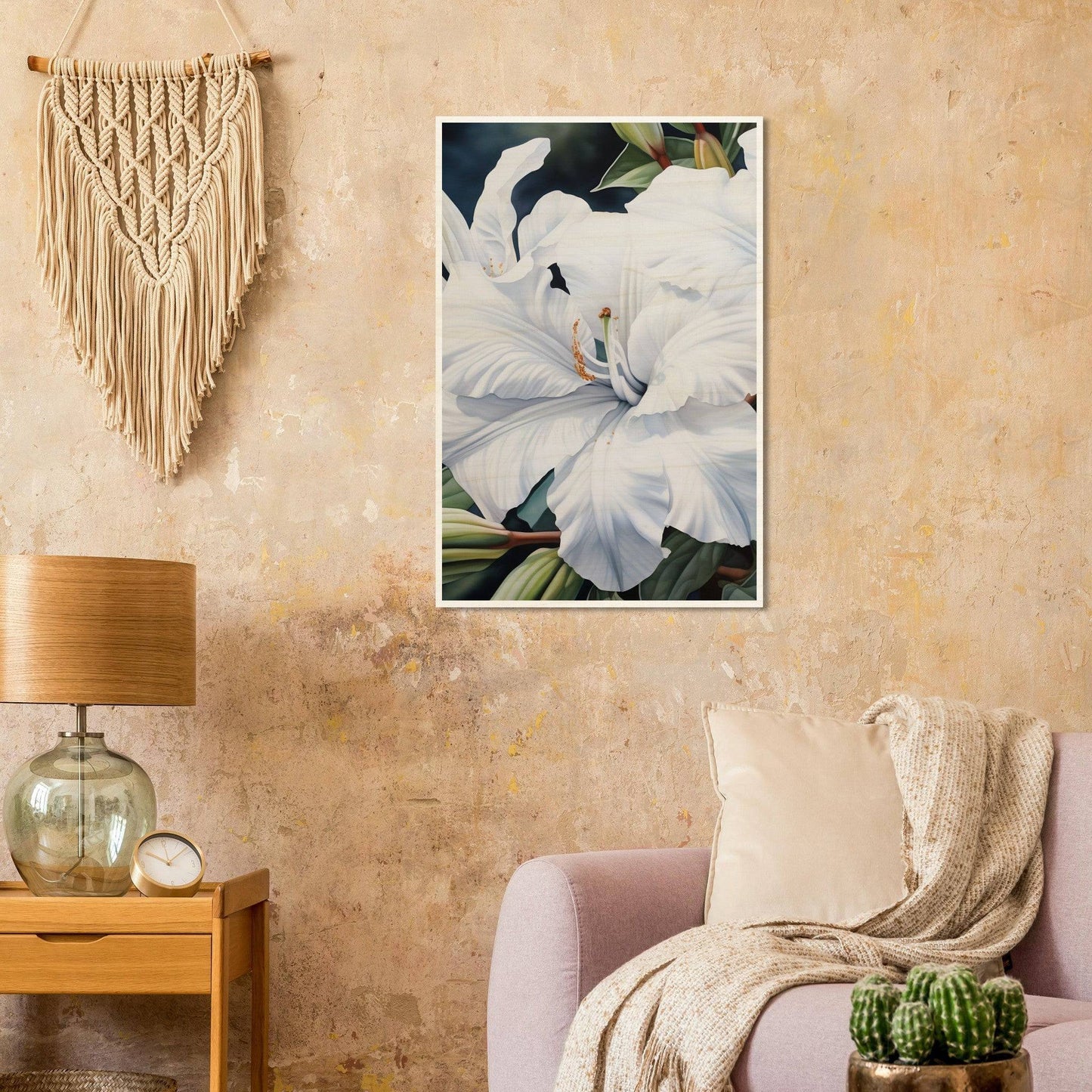 Cozy living room corner with bohemian-inspired decor featuring a macramé wall hanging, floral artwork, and comfortable seating.