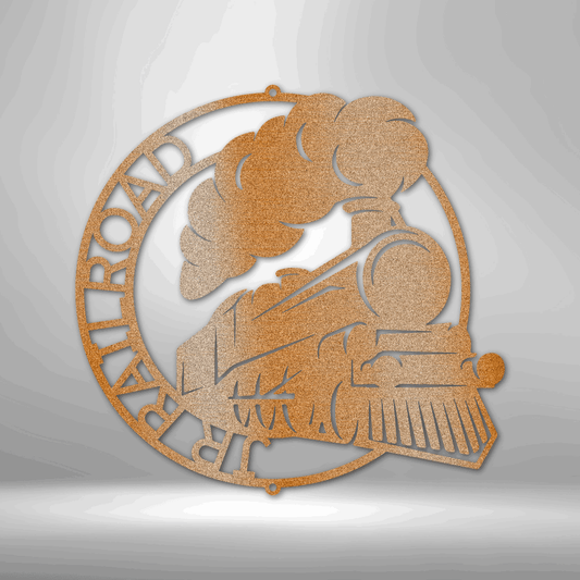 Circular wooden cutout featuring a stylized steam locomotive design.
