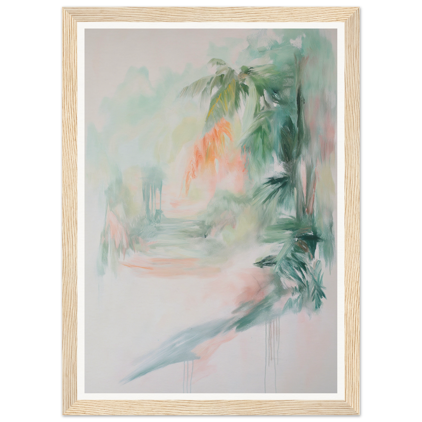 Framed wall art: Abstract painting with soft green and peach blending, in light wood.