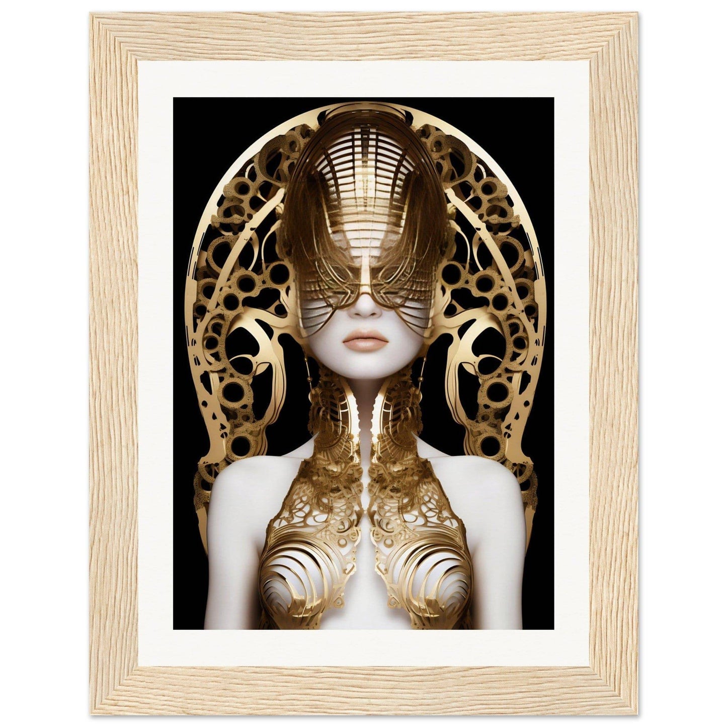 Surreal portrait of a figure with an ornate golden headdress and body adornments against a dark background.