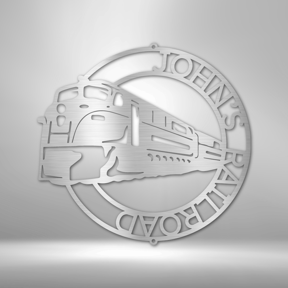 Circular metal logo featuring a stylized train design and text.