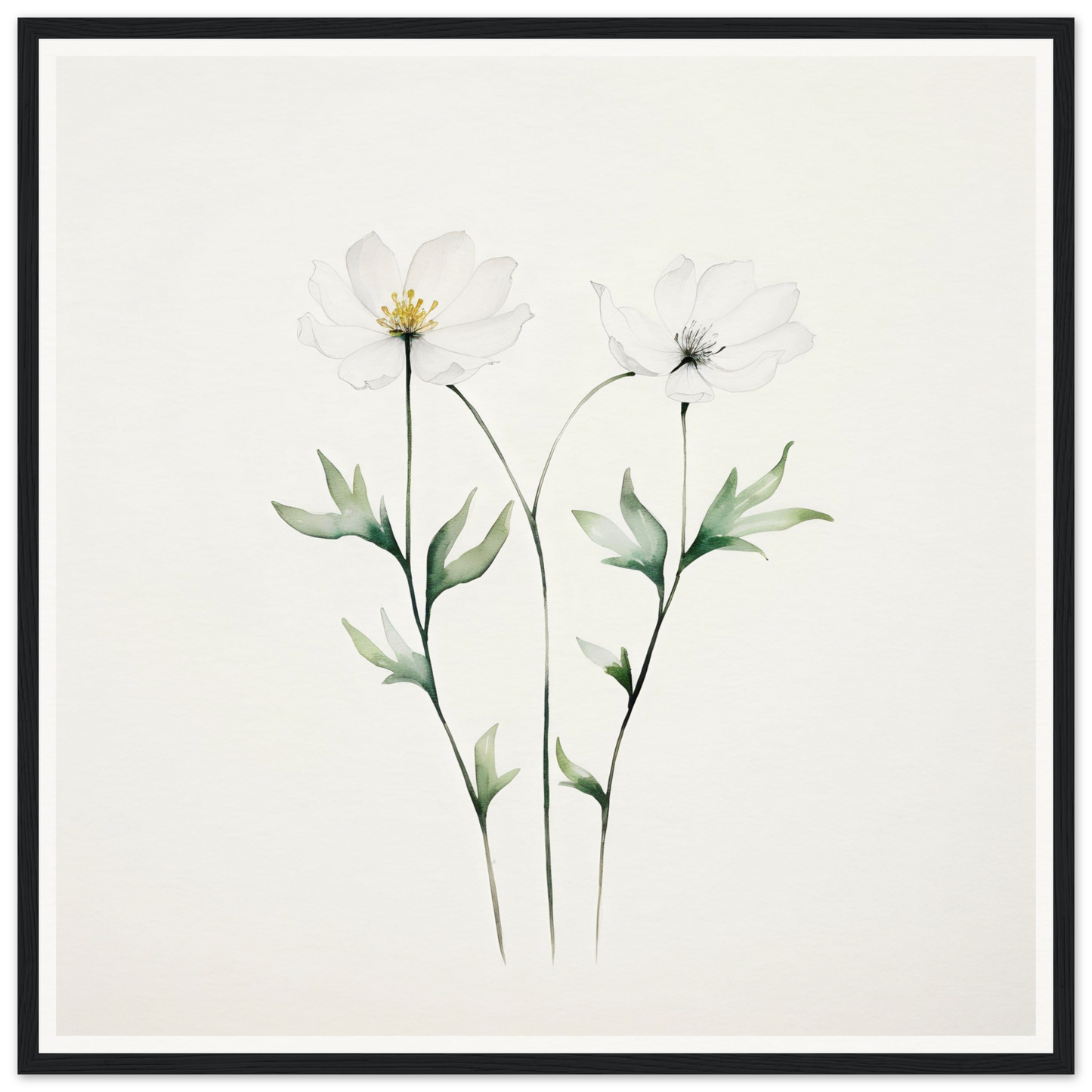 Delicate watercolor illustration of two flowers with slender stems and leaves.