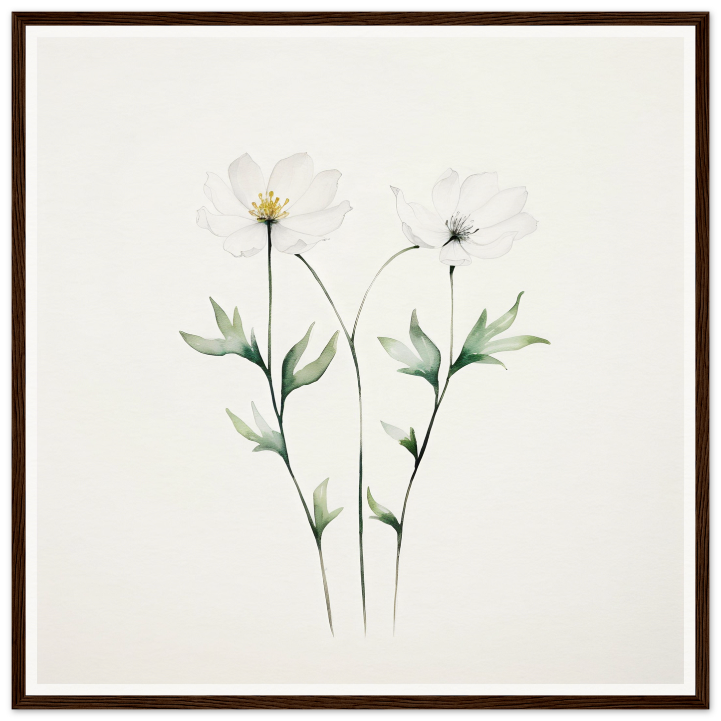 Delicate watercolor painting of two simple flowers with stems and leaves.