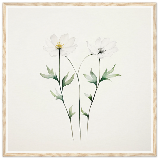 Delicate watercolor painting of two white flowers with green stems and leaves.