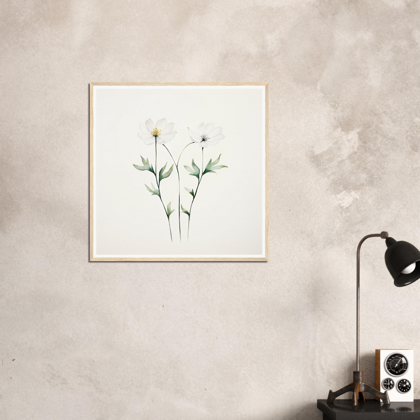 Framed botanical illustration of delicate white flowers with green stems and leaves.