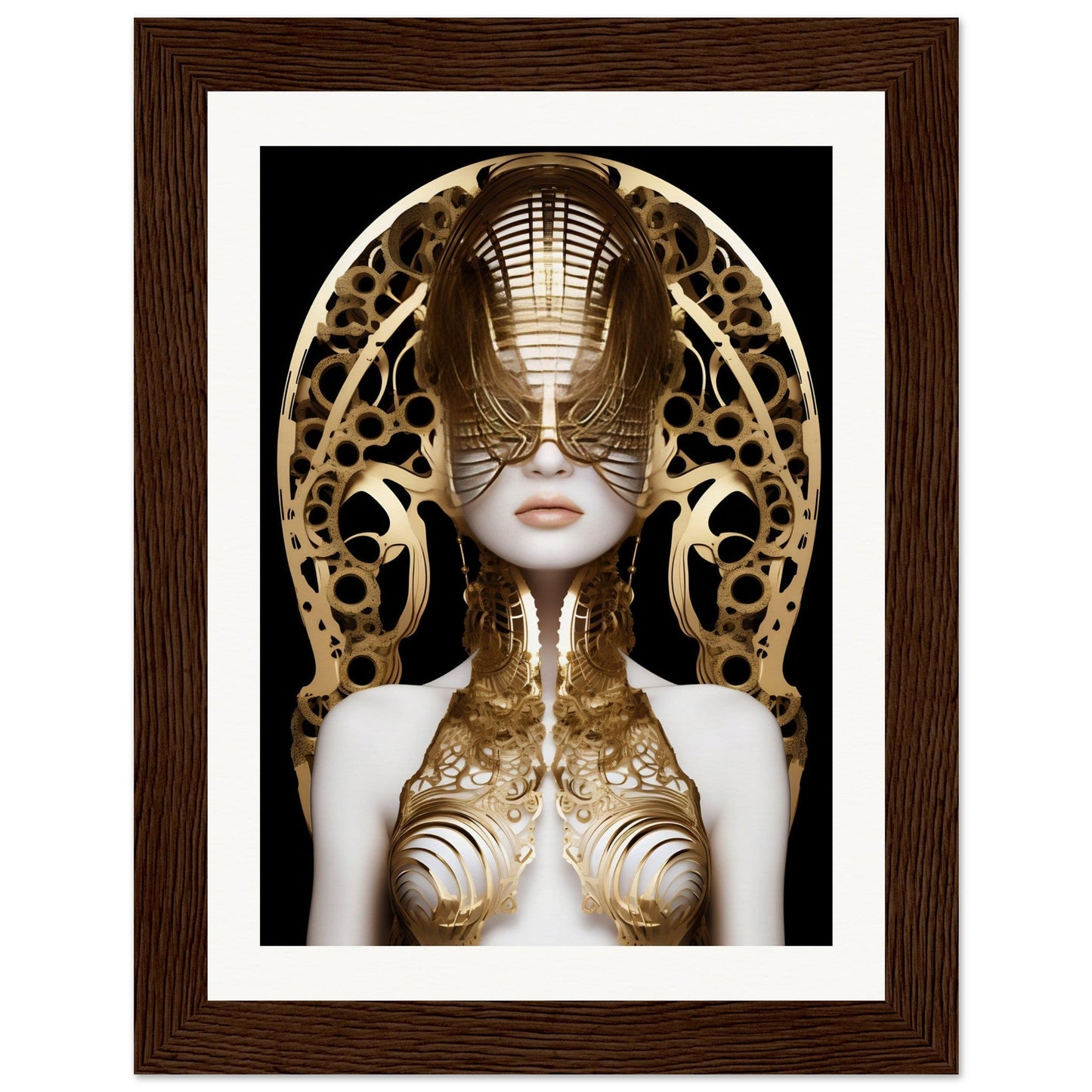 Surreal portrait of a figure adorned with intricate golden metalwork and an ornate headdress.