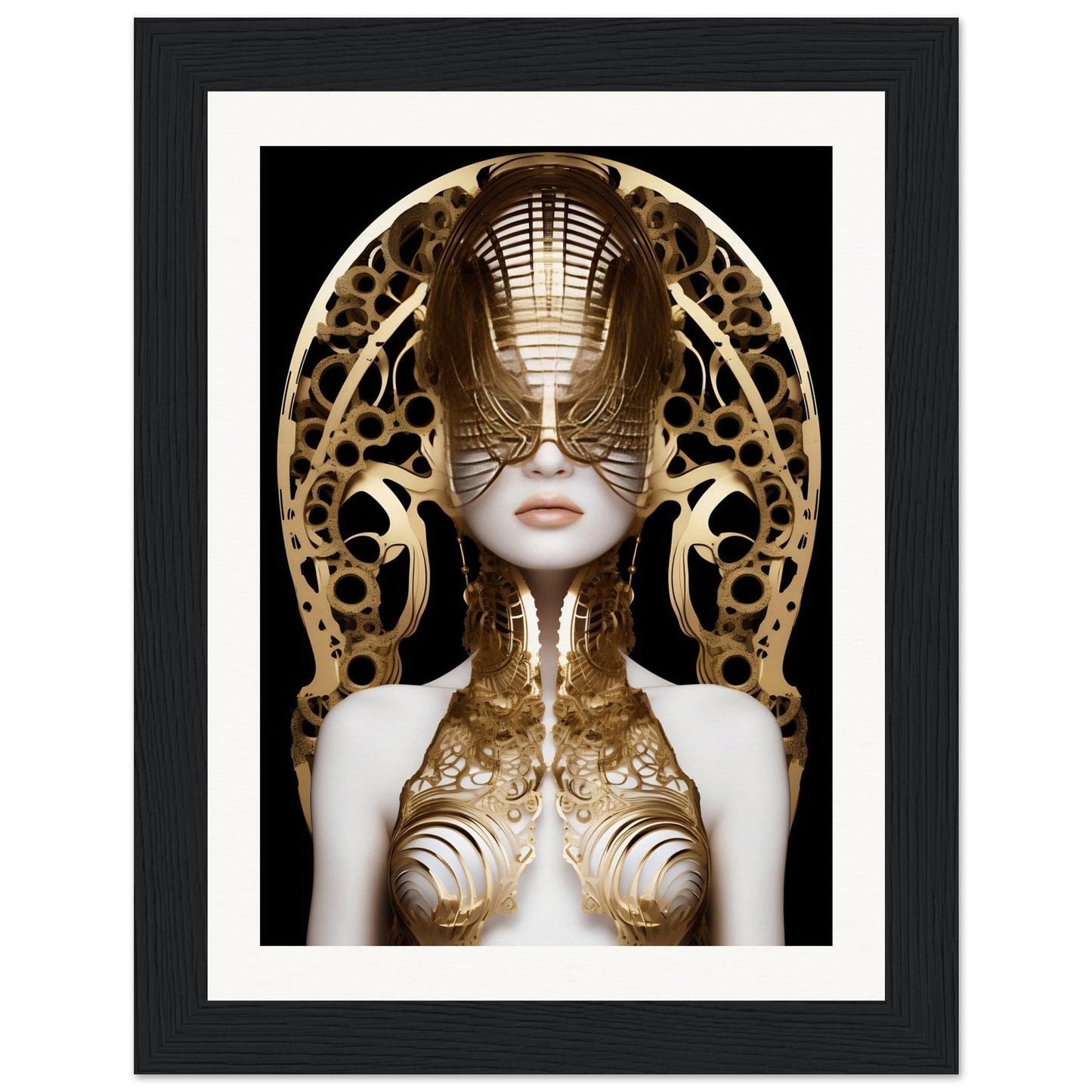 Surreal portrait of a figure adorned with intricate golden metalwork and an elaborate headdress.