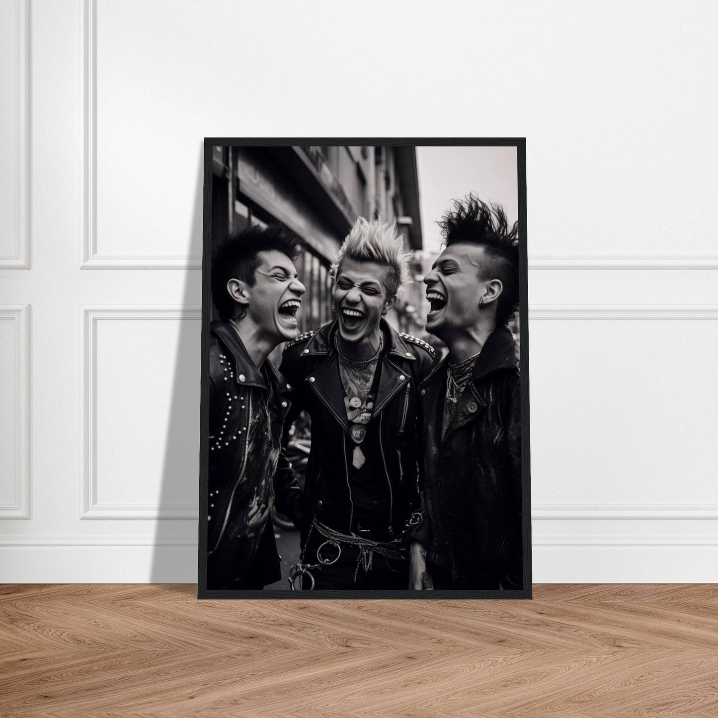 Framed black and white photograph of three punk rockers with mohawks yelling exuberantly.