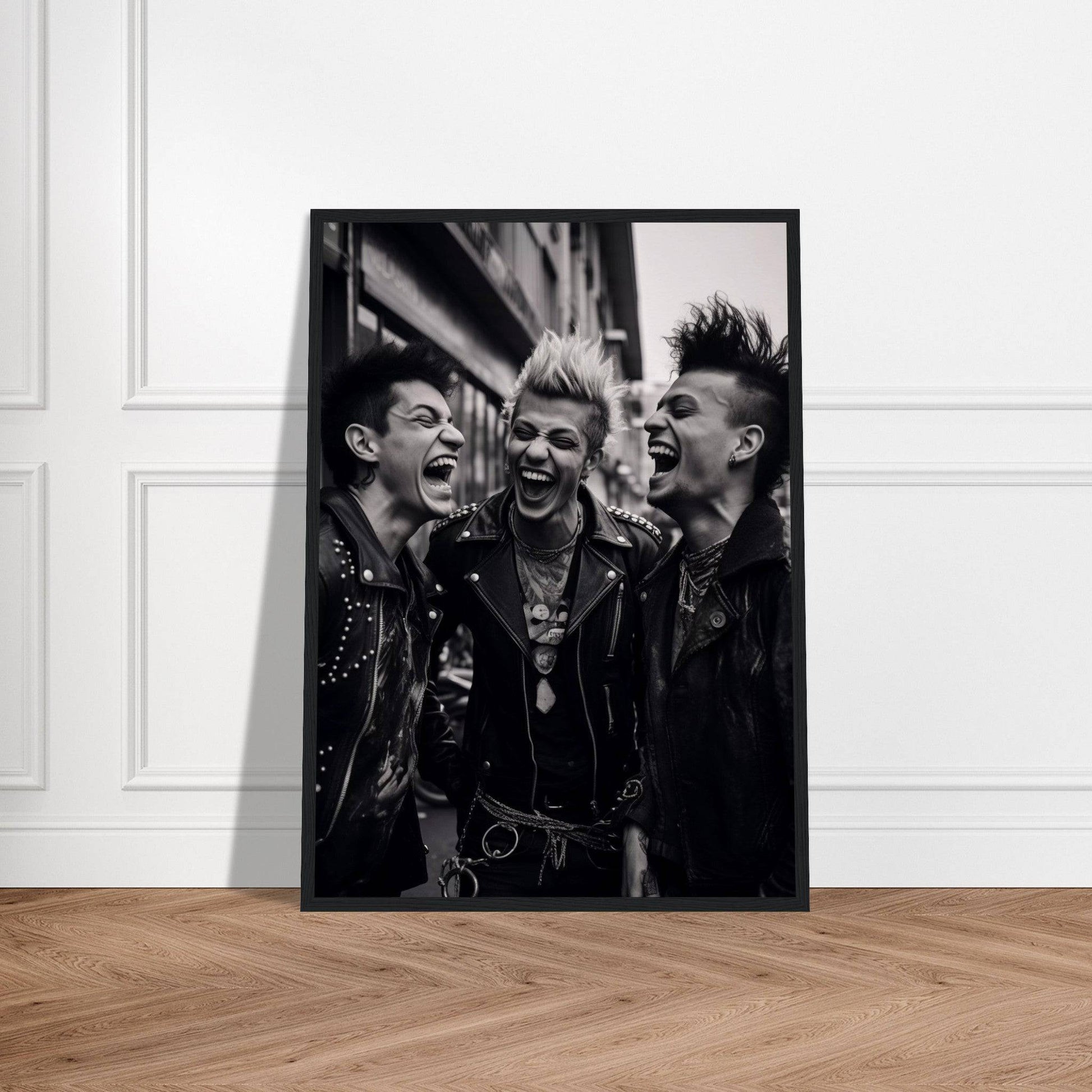 Framed black and white photograph of three punk rockers with mohawks yelling exuberantly.