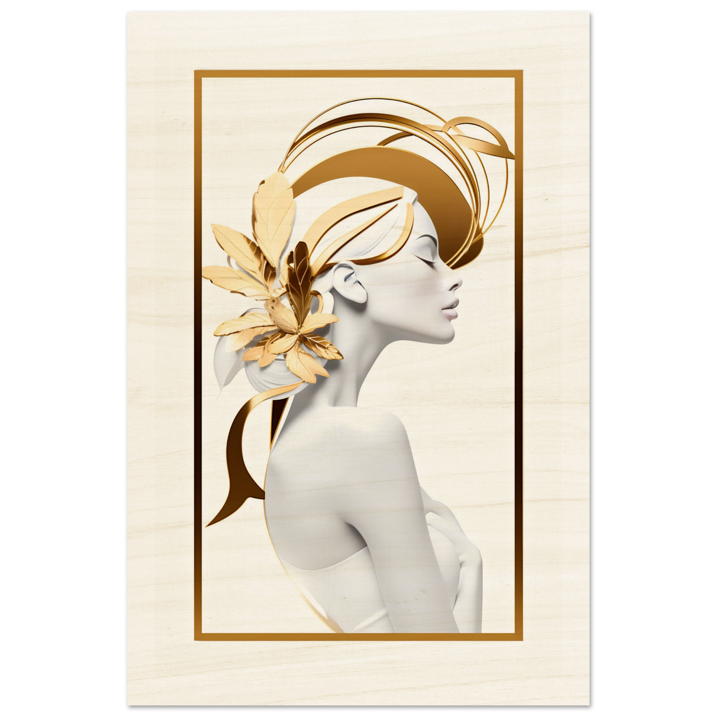 Stylized profile portrait of a woman with golden floral and abstract elements adorning her head.