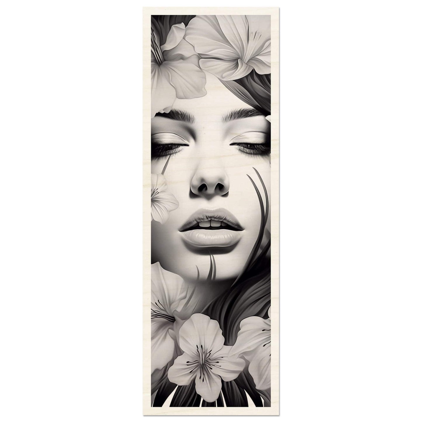 Portrait of a woman’s face surrounded by delicate flower petals in black and white.