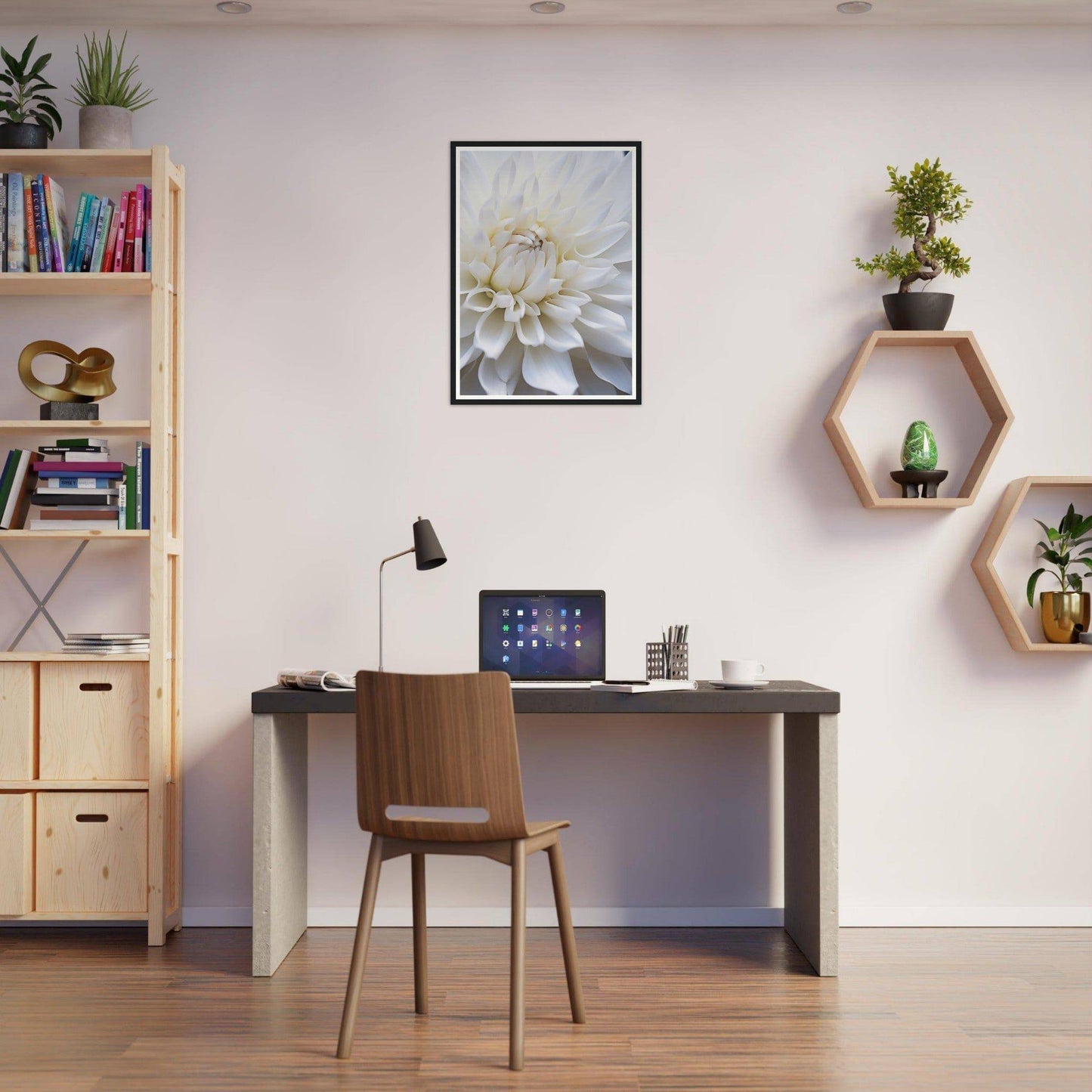 Desk with a laptop and desk lamp, accompanied by a wooden chair.