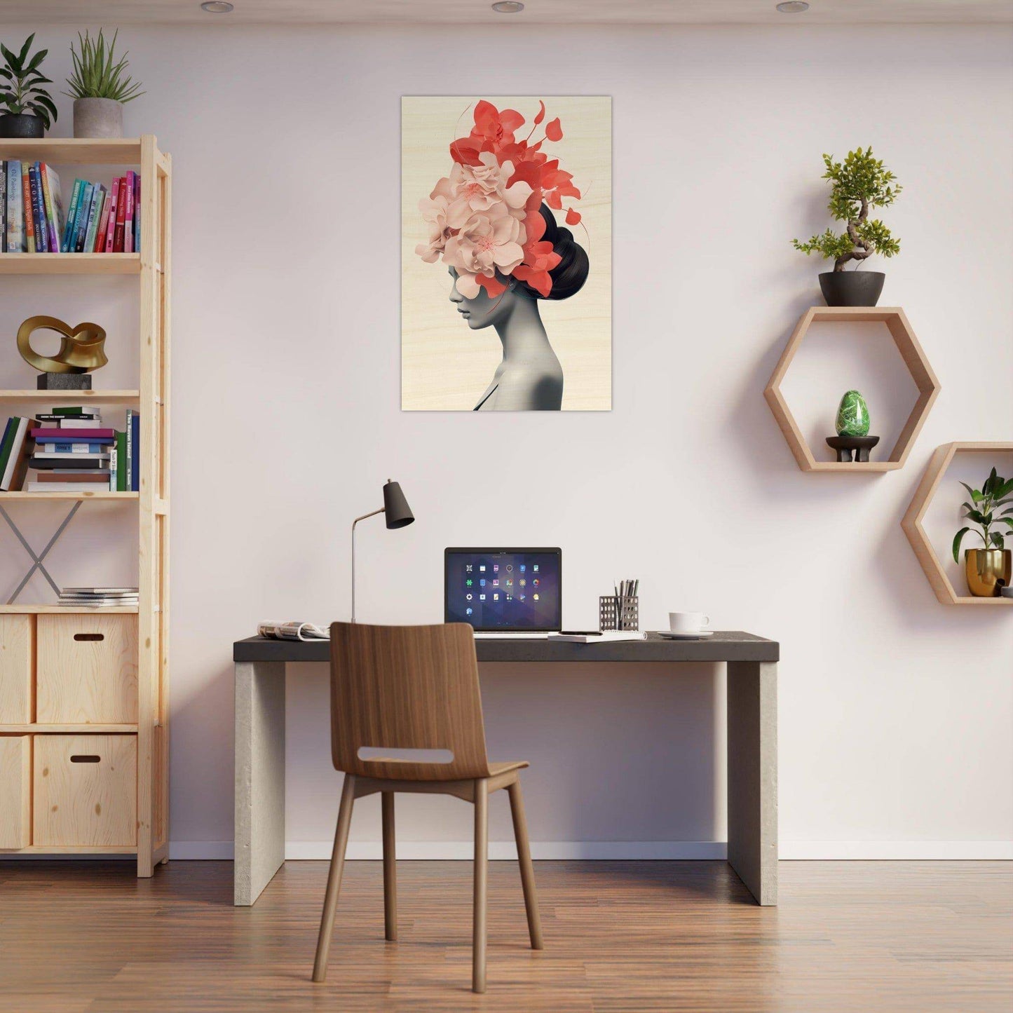 Home office workspace with a desk, chair, bookshelf, and decorative wall art.