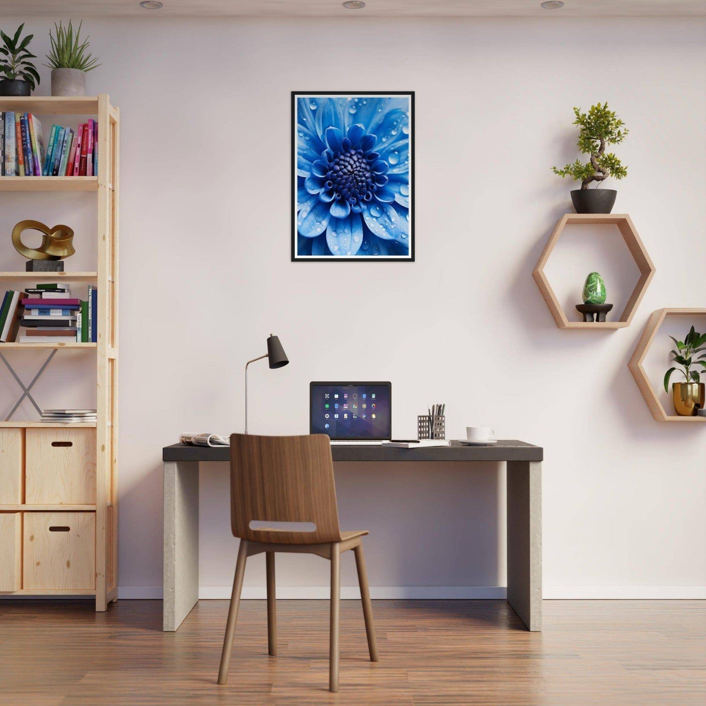 Home office workspace with a desk, chair, bookshelf, and wall decorations.