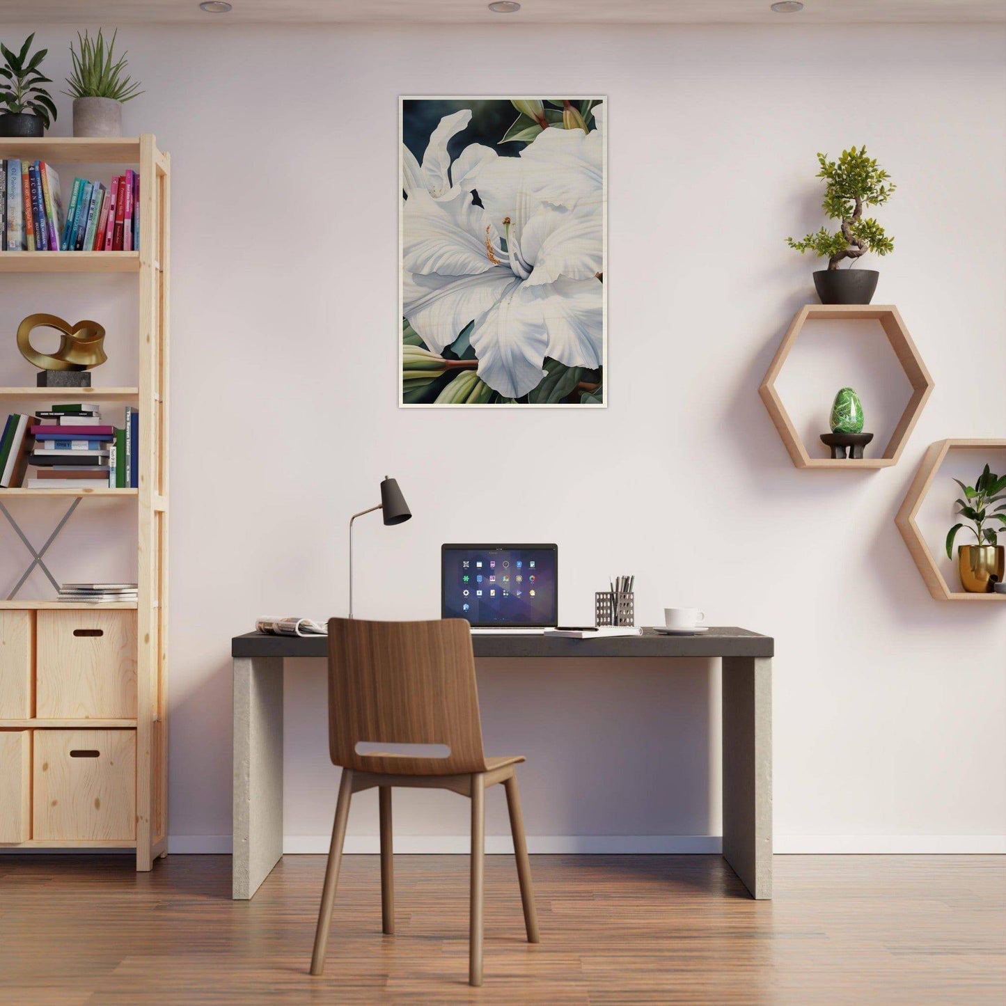 Home office workspace with a desk, chair, bookshelf, and decorative wall shelves.