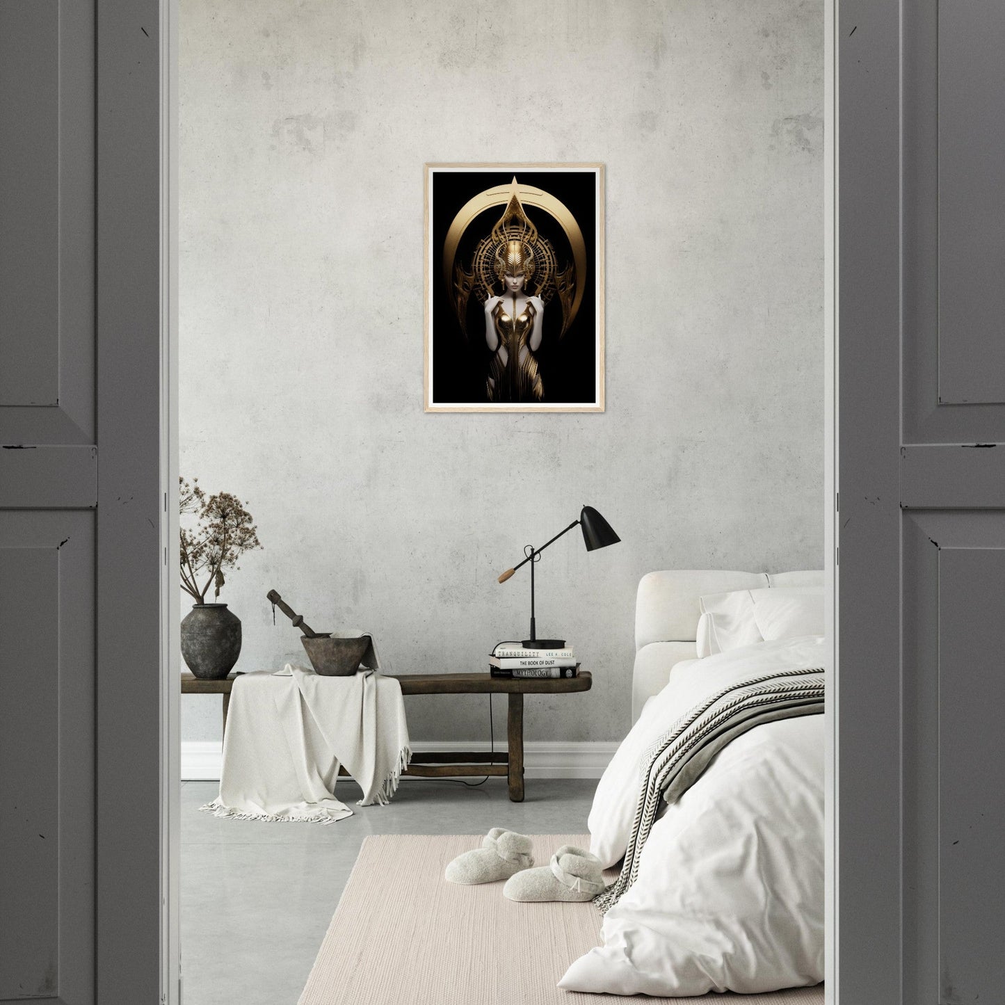 Monochromatic bedroom interior with a striking dark artwork featuring a figure with wings prominently displayed on the wall.