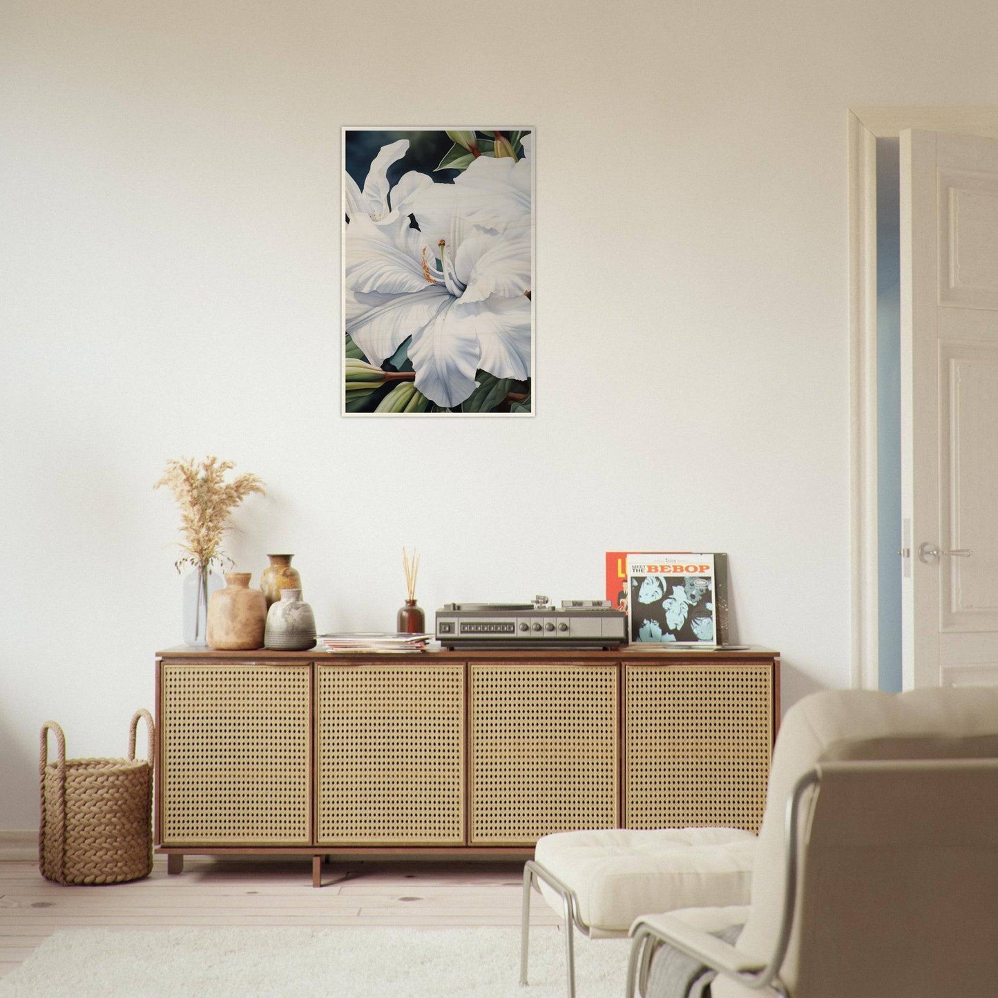 Wooden sideboard with cane-webbed doors and decorative items on top.