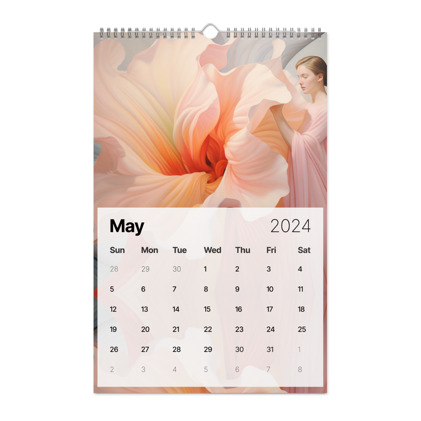 Wall calendar for May 2024 featuring a soft pink floral image.
