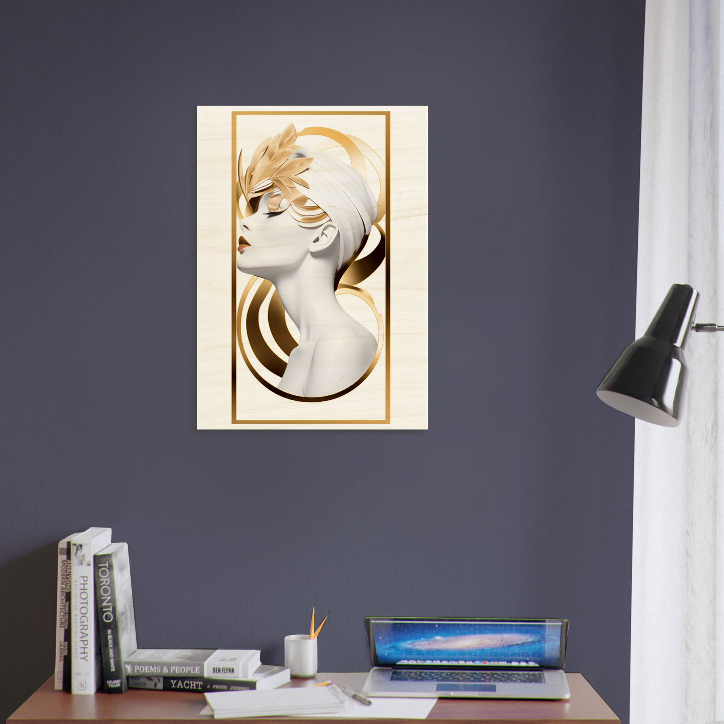Art print featuring a stylized portrait of a woman with golden accents in an Art Deco style.