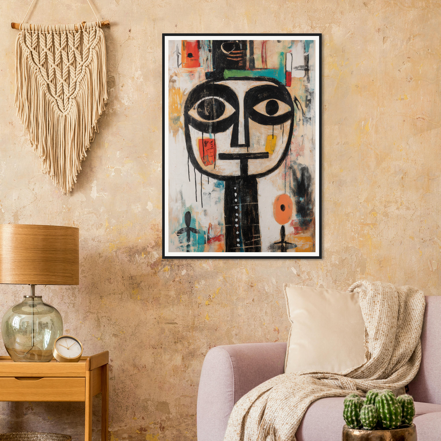 Framed wall art complements the abstract face painting alongside the lavender sofa and cactus plant.