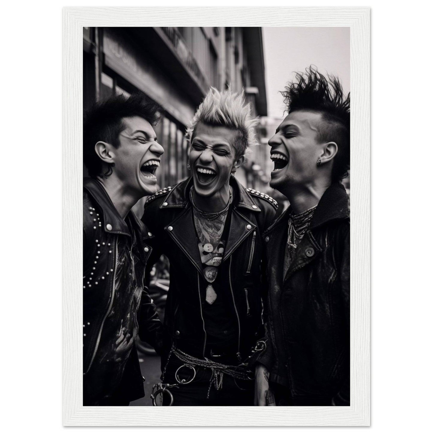 Three punk rockers with mohawks laughing exuberantly.