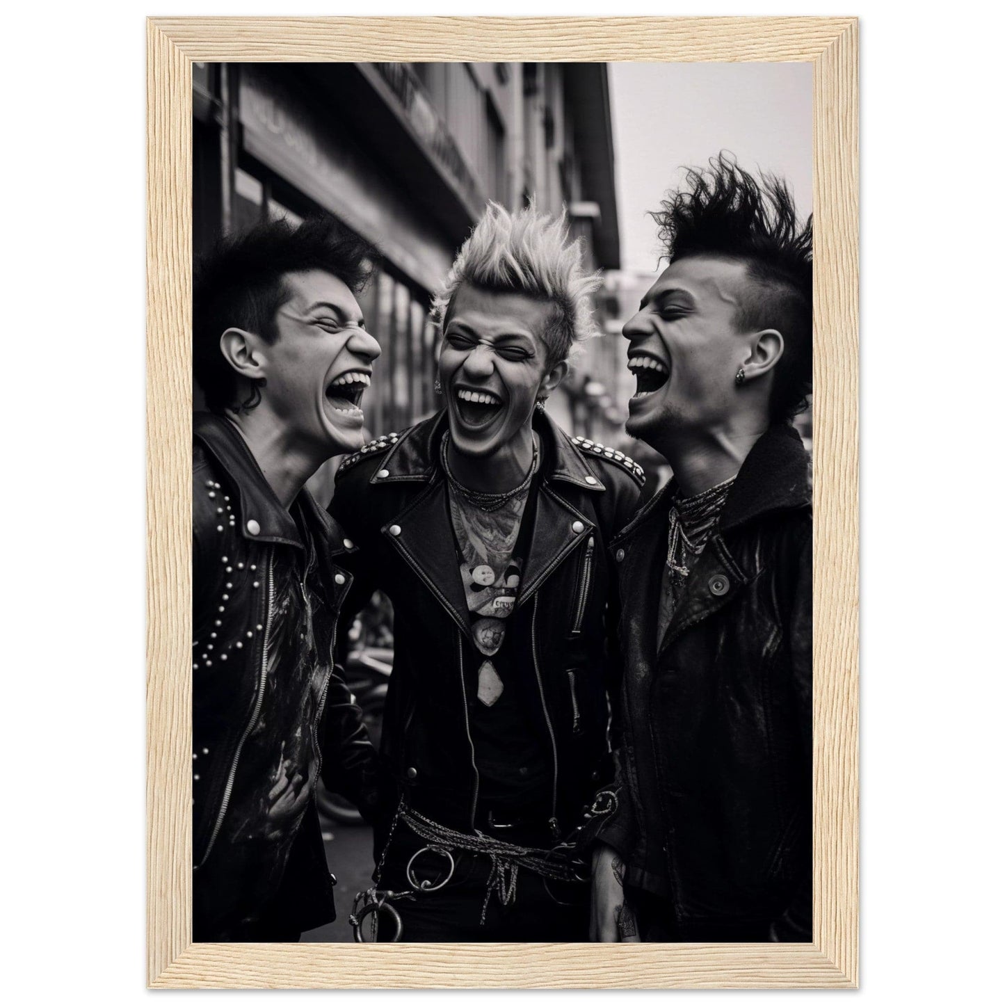 Black and white photograph of three punk rockers with mohawks yelling exuberantly.