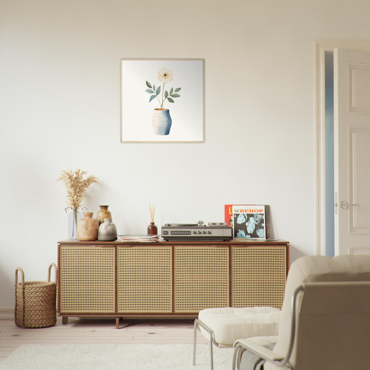 Wooden sideboard with rattan-style woven front panels.