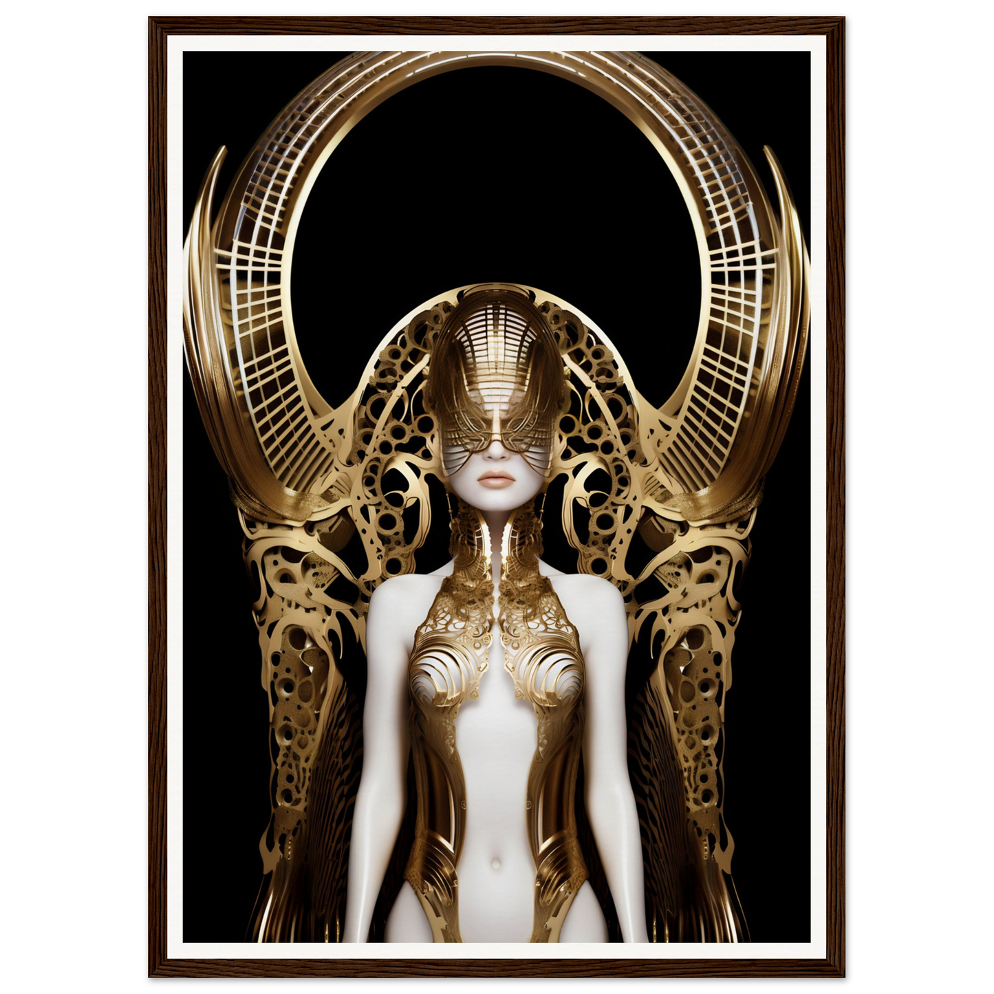 Futuristic female figure adorned with an elaborate golden headdress and ornate metallic body armor.