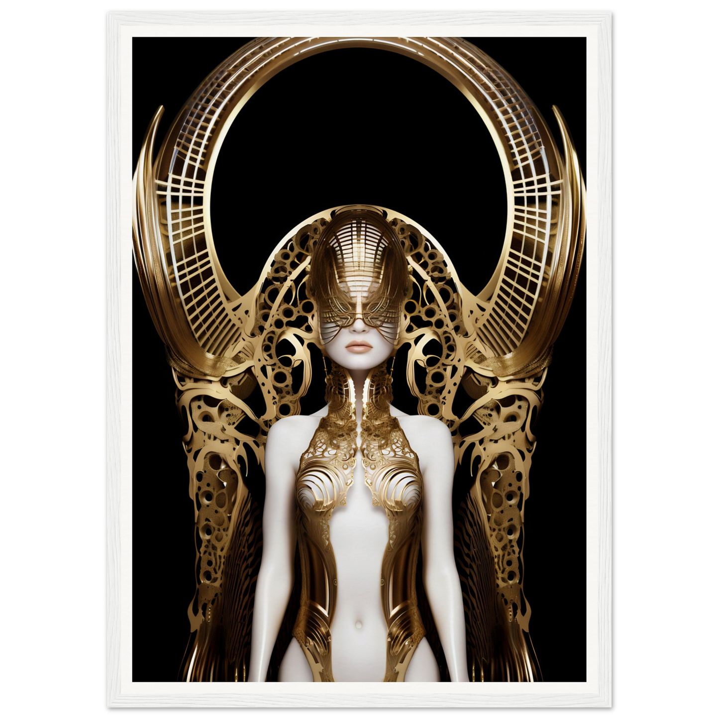Futuristic female figure adorned with an elaborate golden headdress and ornate metallic body armor.