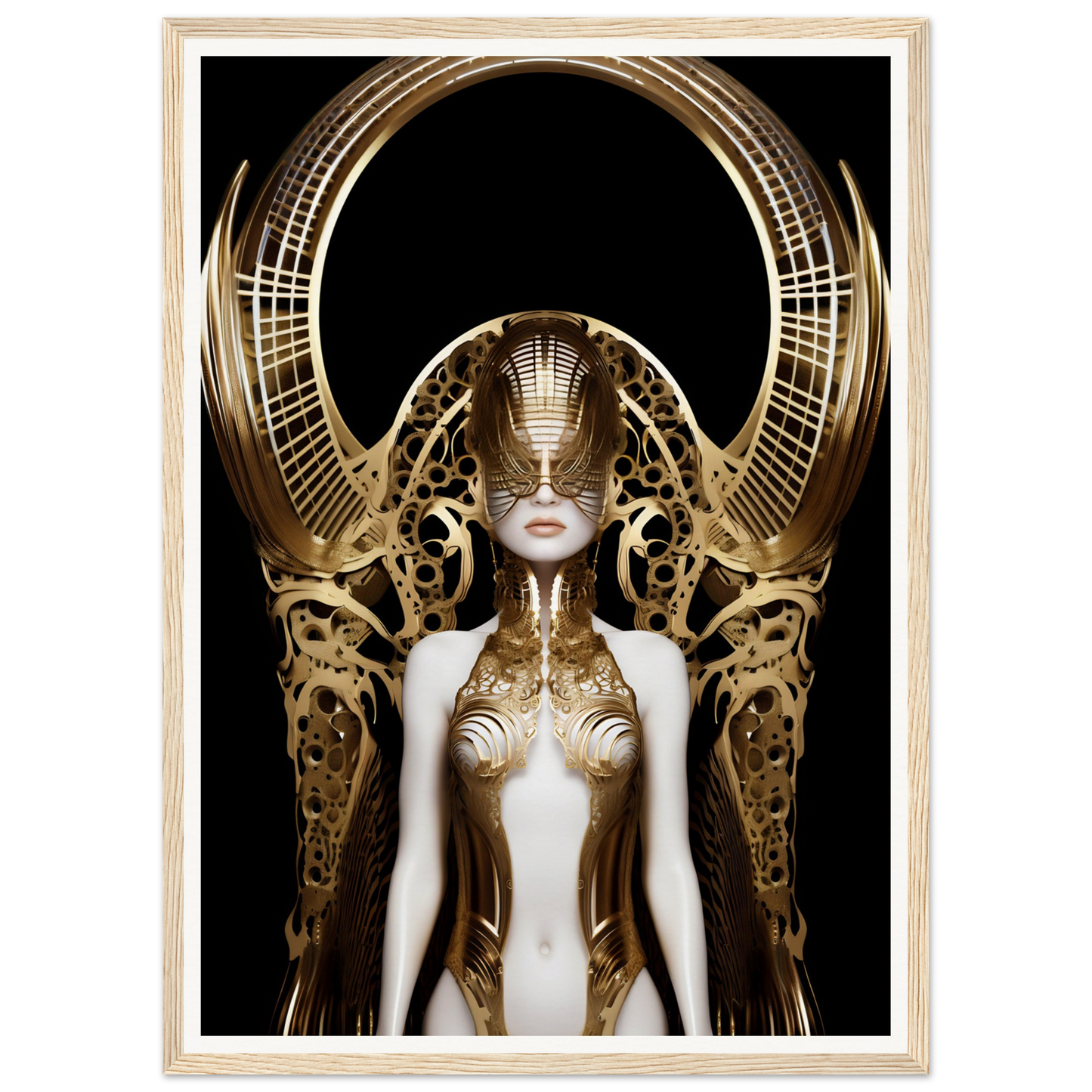 Futuristic female figure adorned with intricate golden metallic headpiece and body ornaments.