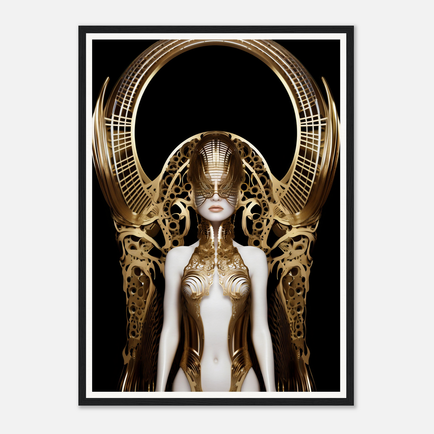 Futuristic golden humanoid figure with an elaborate headdress and ornate metallic body design.