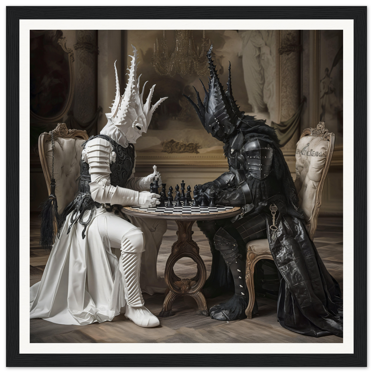 Two armored figures in white and black playing chess in Chessmen Mystics’ Duel art
