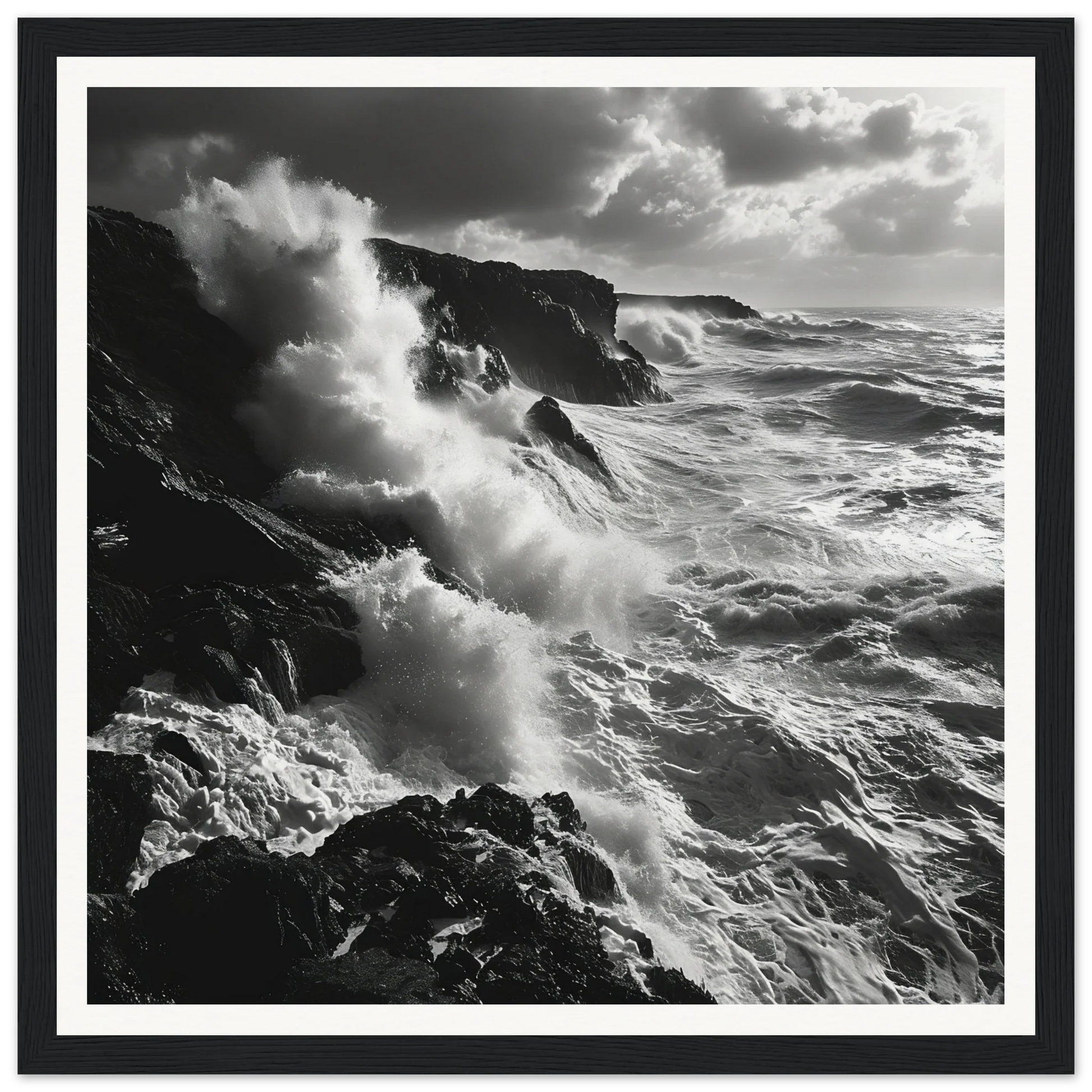 Powerful ocean waves crashing on rocky cliffs in Craggy Surf Duel special edition art™