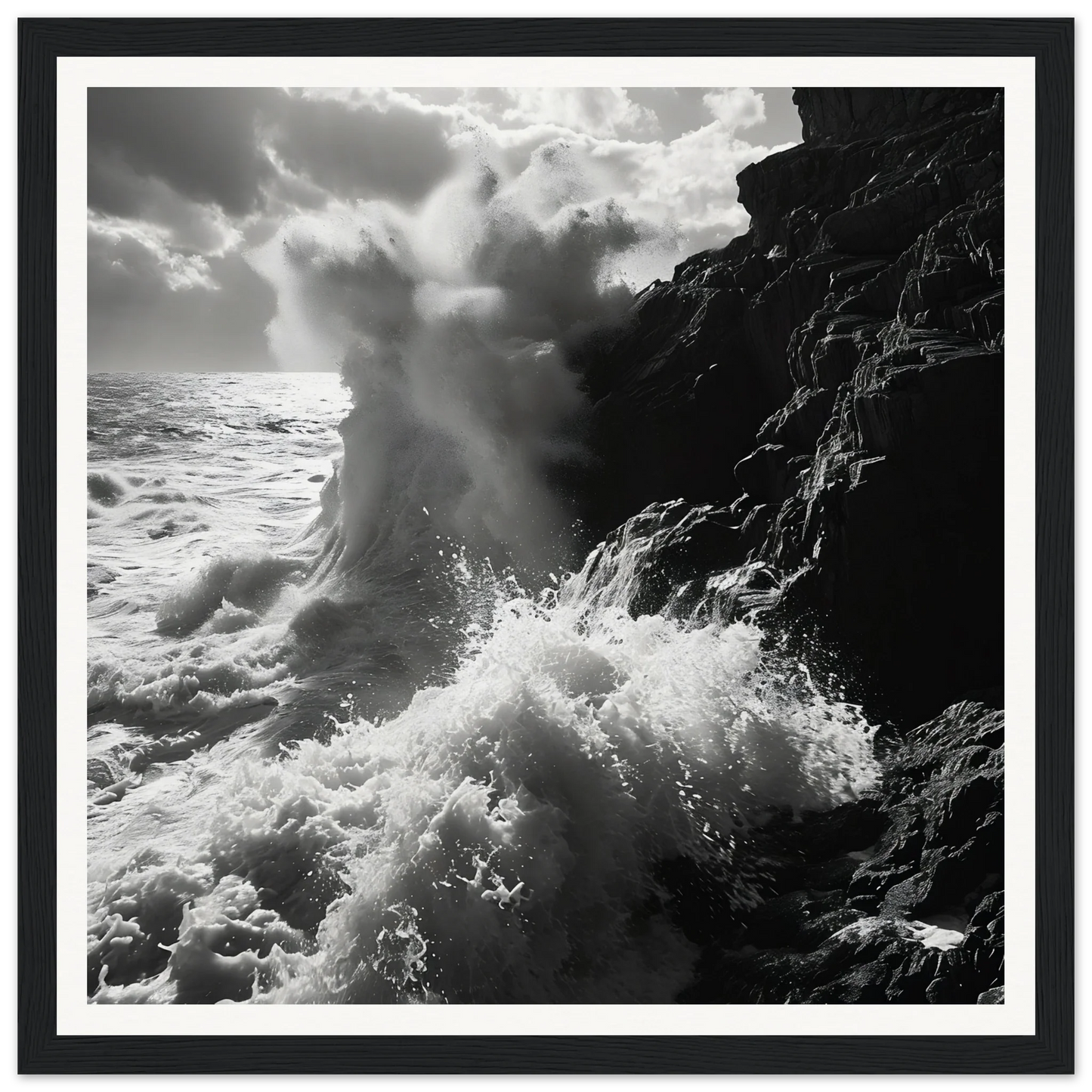 Powerful ocean wave crashing on rocky cliffs in Dance Infernal Embrace special edition art™