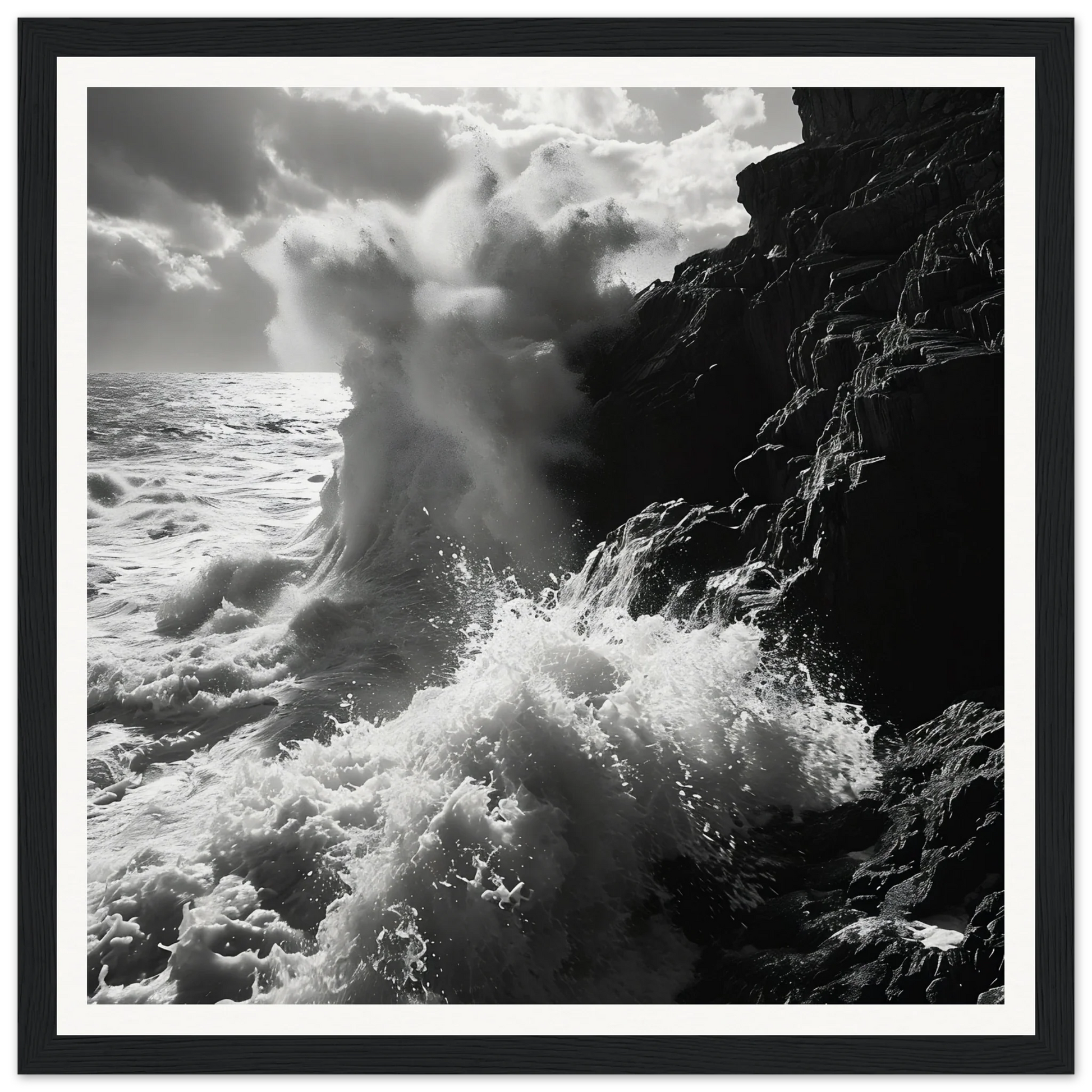 Powerful ocean wave crashing on rocky cliffs in Dance Infernal Embrace special edition art™