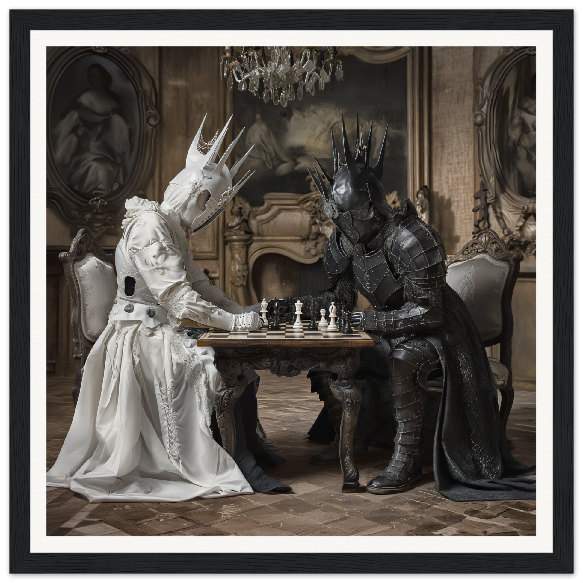Two armored figures in black and white engaging in the Eternal Chess Struggle artwork