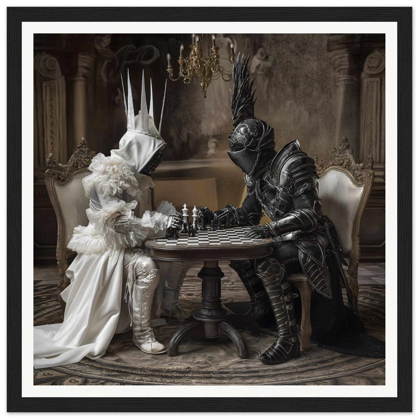 Two armored figures engaged in an Eternal Mind Duel at a round table