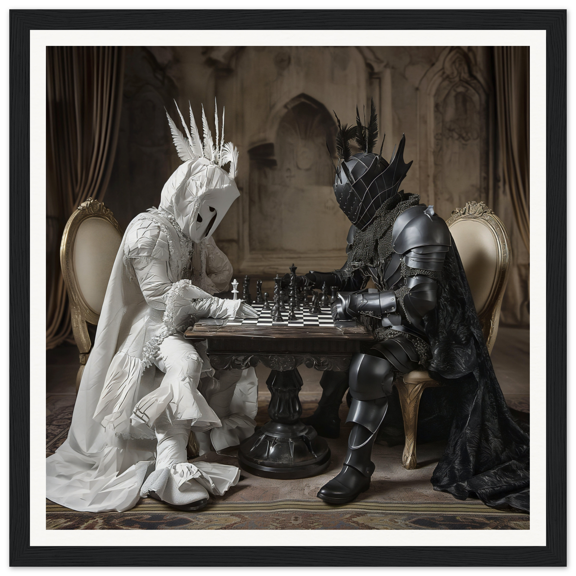 Two armored figures clash over chess in Ethereal Ebony Clash special edition art