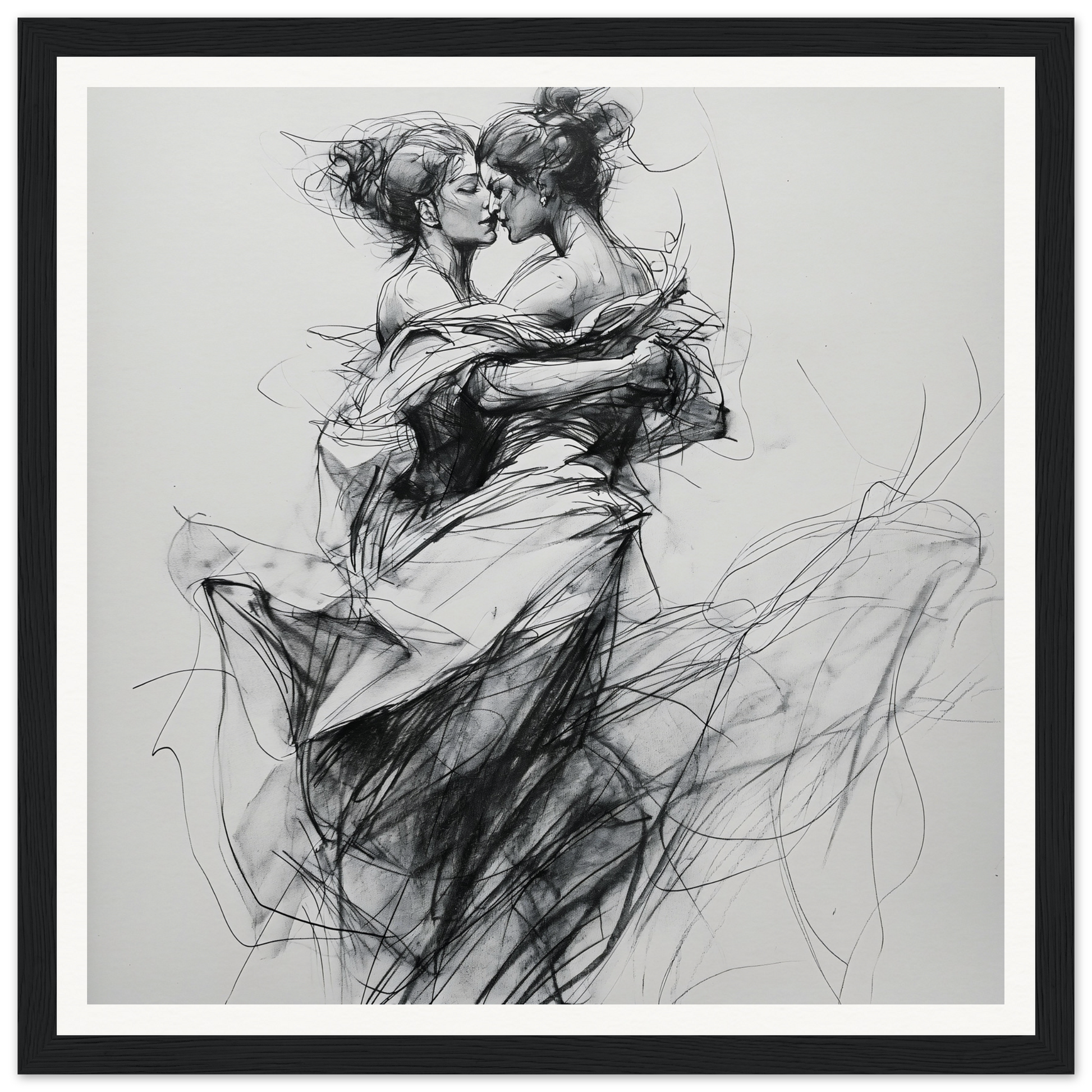 Passionate charcoal sketch of dancers in Fluid Embrace Reverie, special edition art™