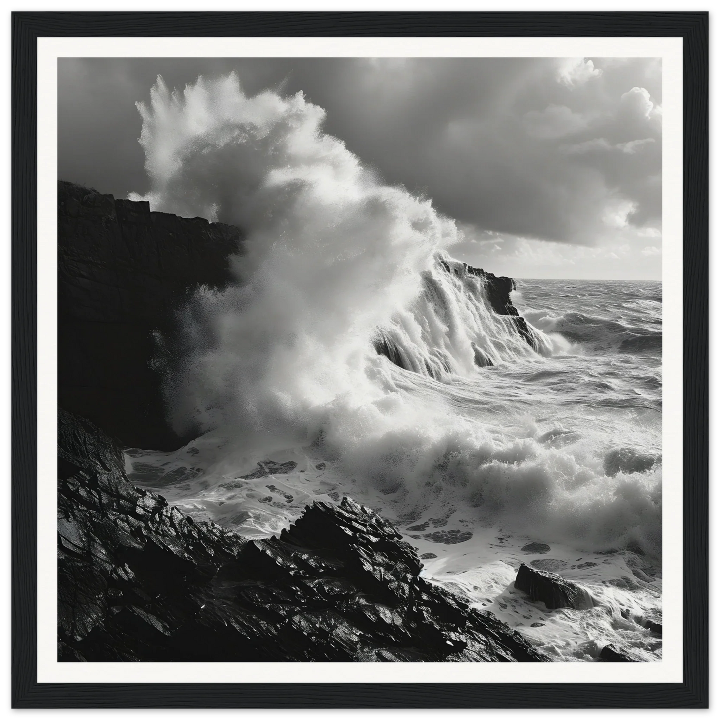 Powerful ocean waves crash on cliffs in the Foamy Abyss Wails special edition art™