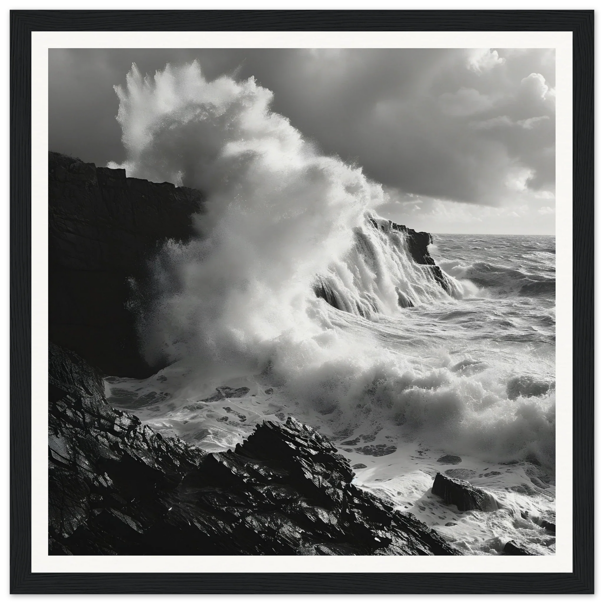 Powerful ocean waves crash on cliffs in the Foamy Abyss Wails special edition art™