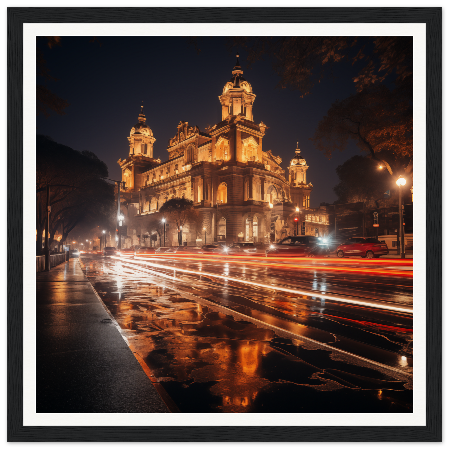 Illuminated Baroque Cathedral towers shining golden in Gilded Night Dance art™