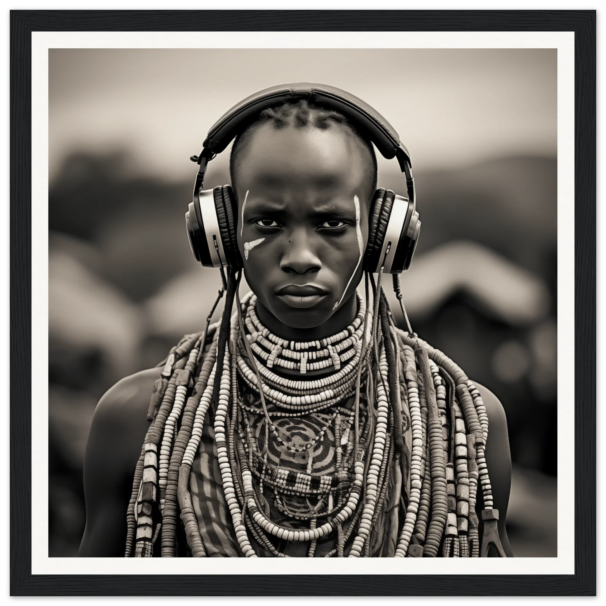 Black and white portrait of tribal jewelry with modern headphones in Headphones & Heritage