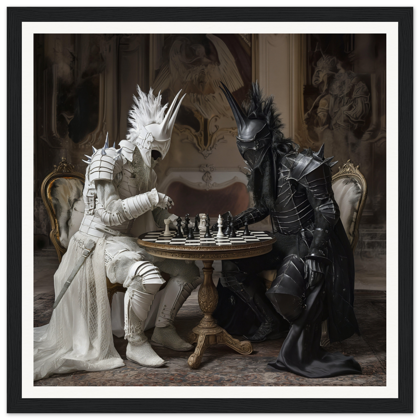 Two armored dragon figures play chess at a round table in Iron Clash Atlas artwork